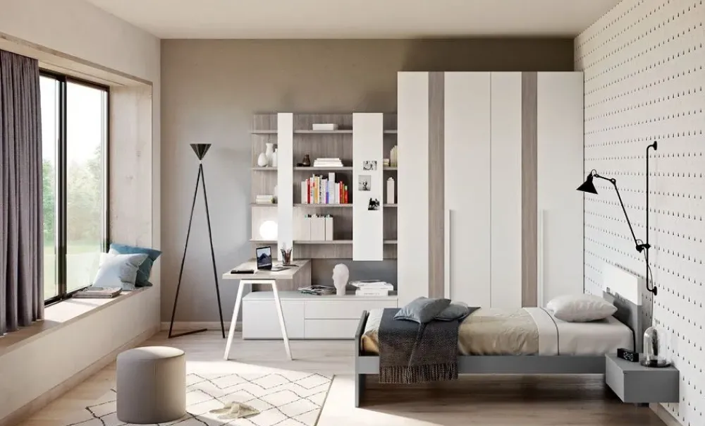 Outlet Cameretta Cameretta componibile mod.evo con armadio bicolore in promo-sconto del 50% letti a terra in offerta Camerette