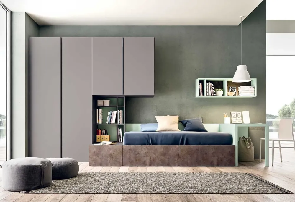Outlet Cameretta Cameretta con scrivania a penisola con letto a terra a prezzo Outlet Camerette