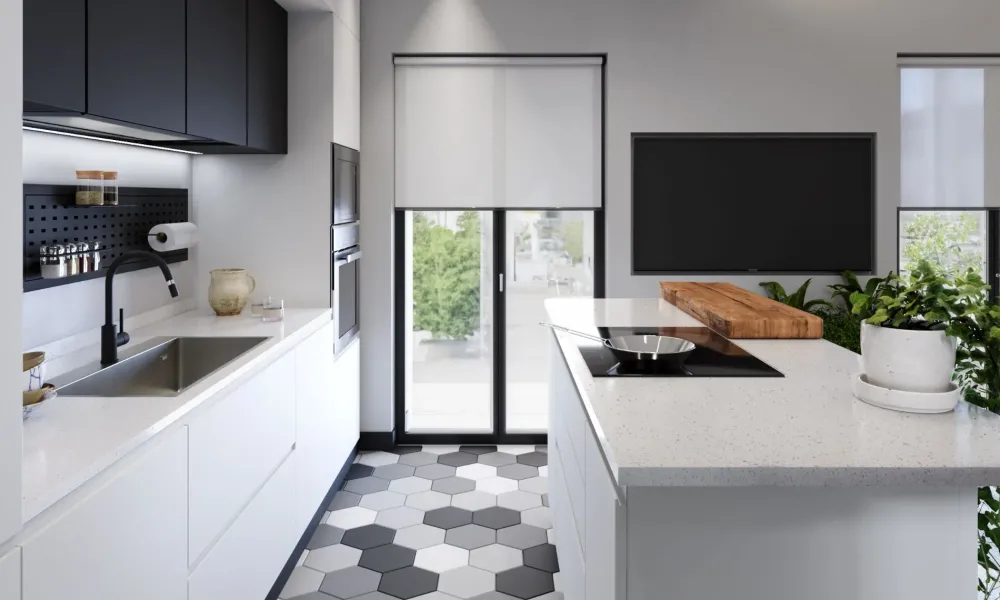 Discount Cucina bianca moderna con isola Cucina moderna con isola e colonne laccata bianca maniglia j in Offerta Outlet Cucine Ad Isola|Cucine Moderne