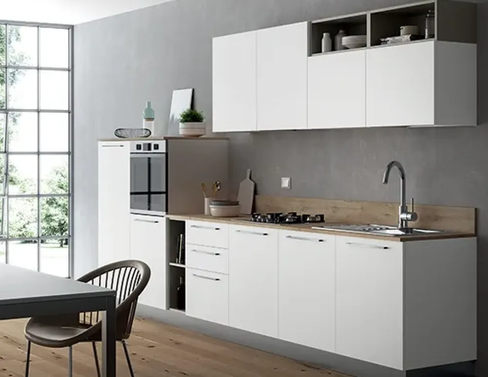 Cucina bianca moderna lineare Domino bianco e castoro Primacucine in Offerta Outlet^Prima Cucine New