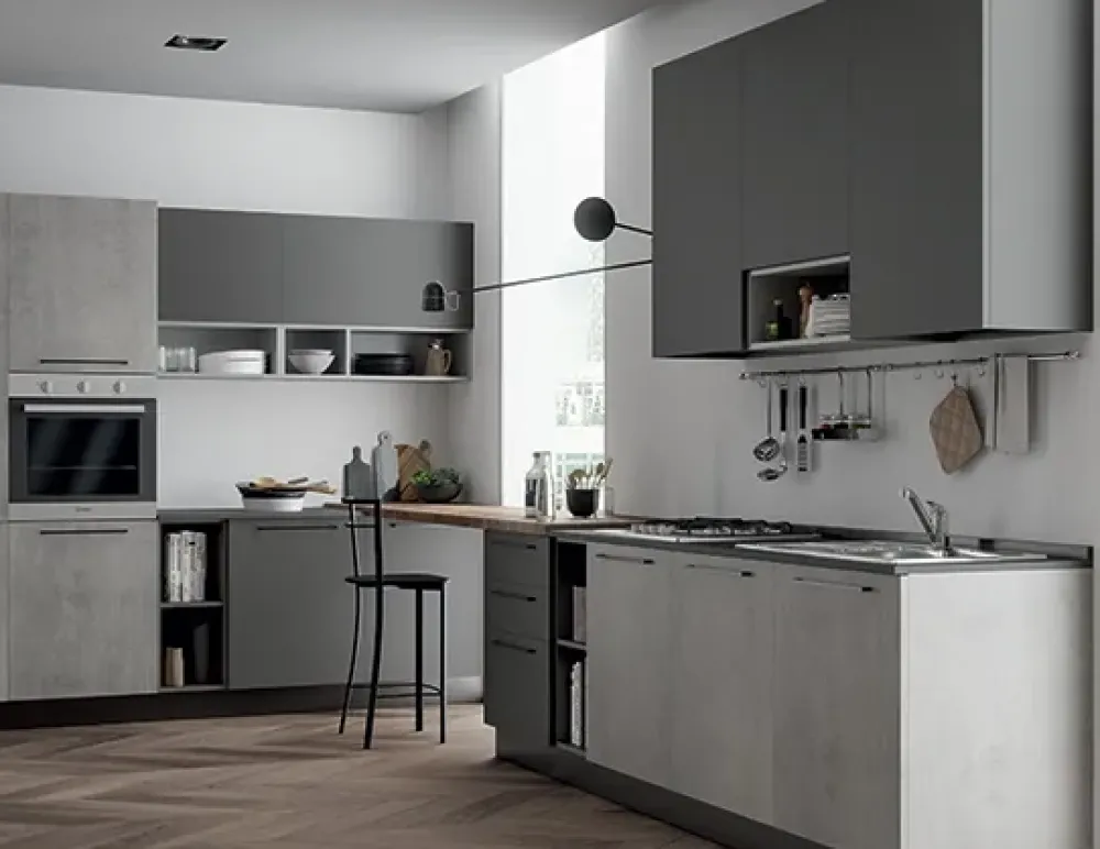 Cucina lineare in laminato opaco grigio Domino grafite e cementho a prezzo ribassato^Prima Cucine Clearance