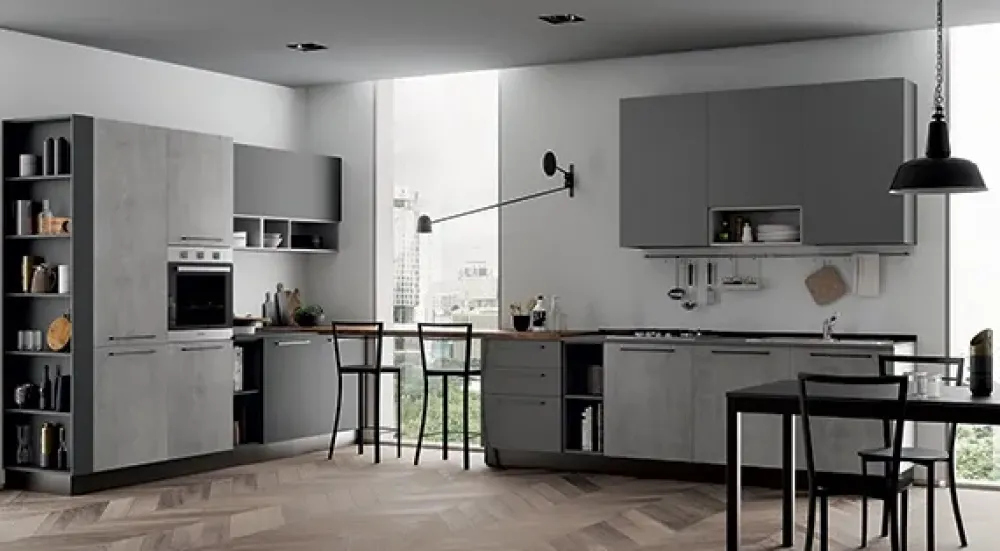 Cucina moderna grigio Primacucine lineare Domino grafite e cementho in offerta^Prima Cucine Sale