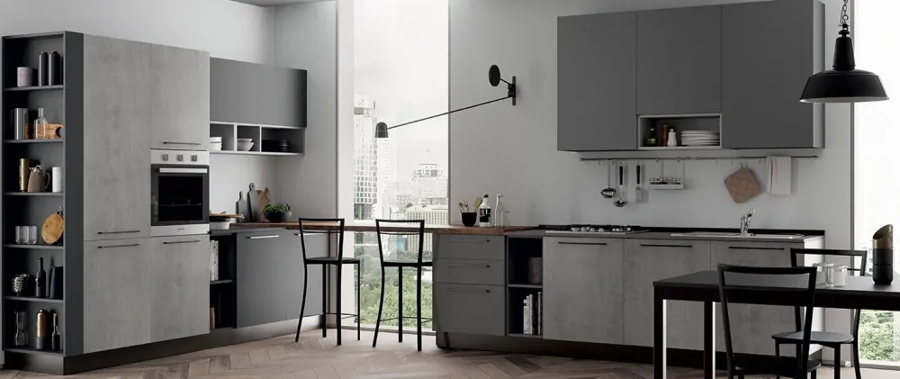 Cucina moderna grigio Primacucine lineare Domino grafite e cementho in offerta^Prima Cucine Sale