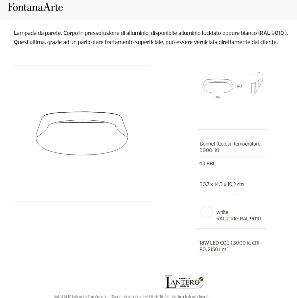 Fontana Arte Lampada LED Bonnet, Bianco, prezzi outlet online.- Applique Da Parete