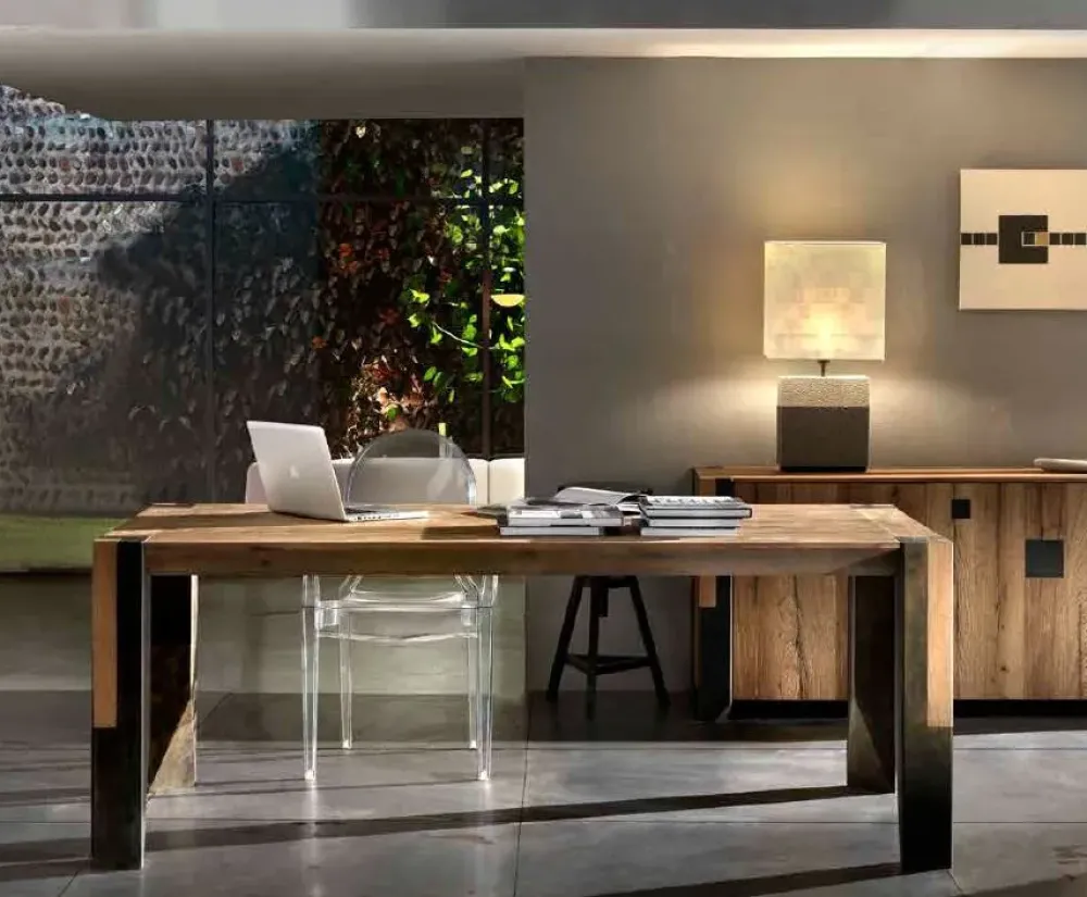 Tavolo in legno rettangolare Rovere vecchio con metallo antico allungabile in offerta outlet^Md work Hot