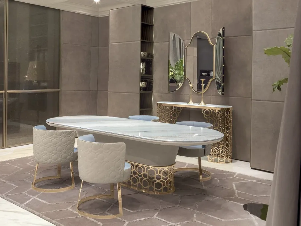 Tavolo in marmo sagomato Piano palissandro struttura nabuk pelle luxury maxi in offerta outlet^Md work New