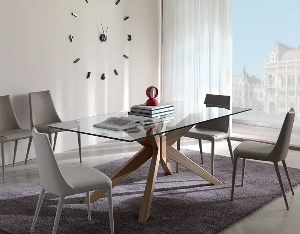 Pozzoli TAVOLO IN VETRO CON BASAMENTO CENTRALE A STELLA- Tavoli