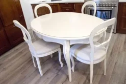 Artigianale Tavolo ovale allungabile Essenza in legno massello laccato bianco con 4 sedie imbottite- Tavoli